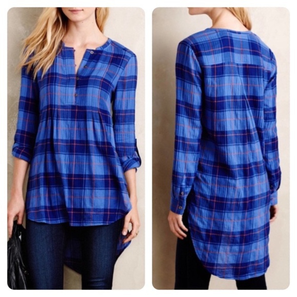 ANTHROPOLOGIE Holding Horses Blue Plaid Tunic